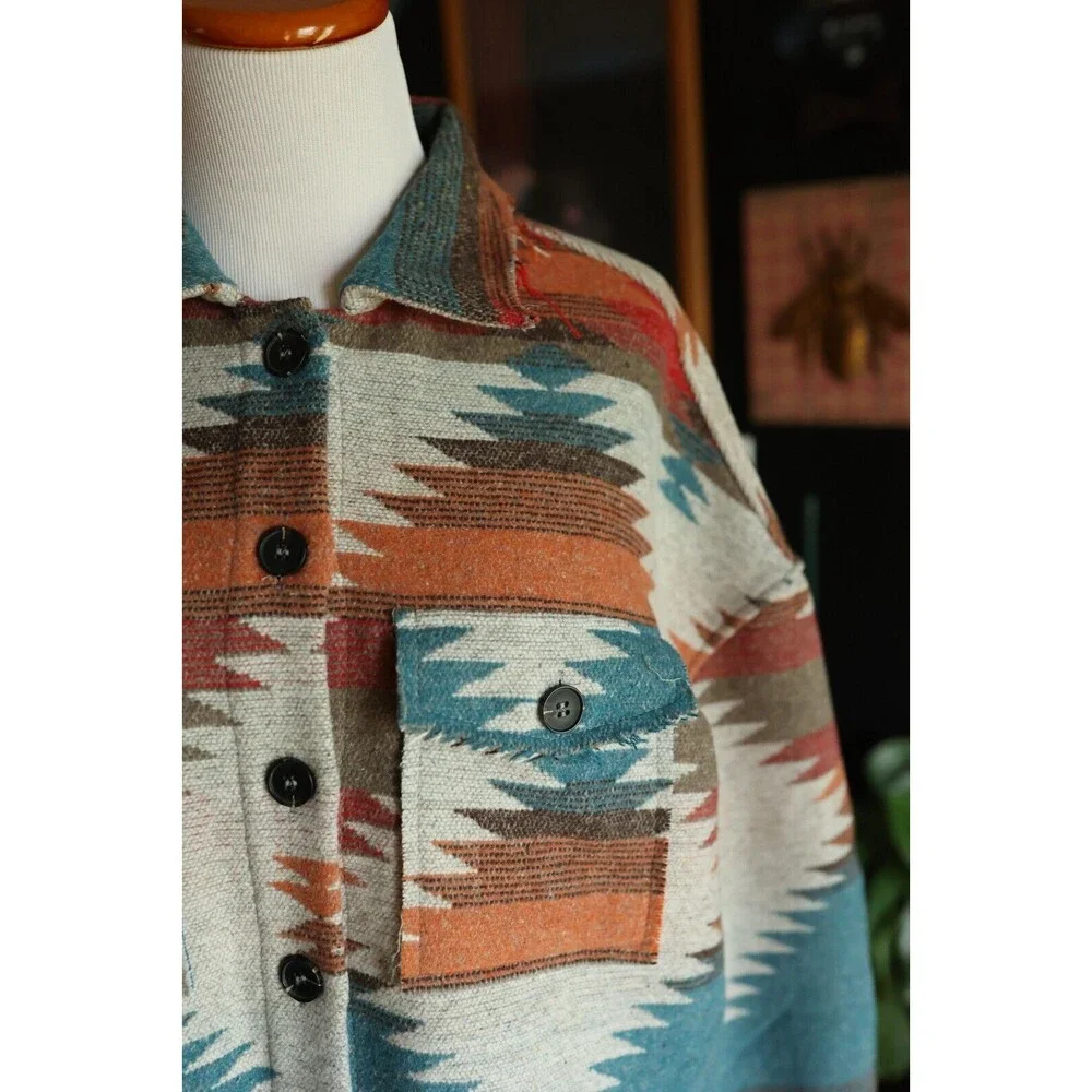 Boho Aztec Tribal Southwestern Print Shacket Yellowstone Shirt Jacket Coat L - Picture 4 of 12